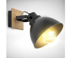 B.K.Licht lampada da parete retrò orientabile, legno e metallo, attacco per lampadina E27 non inclusa, applique vintage industriale, faretto da muro o soffitto nero-oro