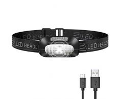 NREDXOON Lampada Frontale LED, Lampade da Testa USB Ricaricabile, leggero Impermeabile Torcia Frontale Ideale per Campeggio, Corsa, Pesca, Speleologia, Jogging