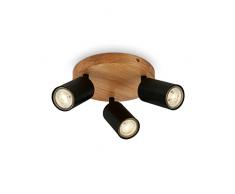 Briloner - Lampada da soffitto retrò con legno, lampada da soffitto vintage a 3 luci, 3x attacco GU10, spot LED regolabile, spot da soffitto rustico, nero-legno, 190x85 mm
