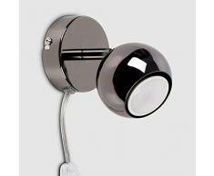 MiniSun – Faretto moderno, singolo e rotondo, con una finitura lucida e cromata nera ed un cavo, una spina ed un interruttore – Lampada da parete/da soffitto