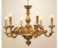 Lampadario in LEGNO intagliato classico 6 luci decoro FOGLIA ORO e particolari foglia argento