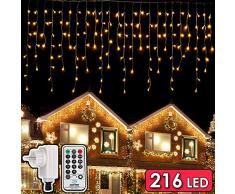 216 LEDs Tenda Luminosa, 5.5M Luce Stringa Catene Luminose, 8 Modalità Luci cascata Strisce LED, Barriera Fotoelettrica Decorare Interni Esterni Finestra Patio Giardino Natale Halloween, Bianco Caldo