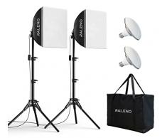 RALENO Softbox, 50 W, set da studio fotografico, 2 x 40 x 40 cm, luce fotografica con lampadina da 5500 K e treppiede, lampada fotografica per ritratti, streaming di giochi, fotografia video YouTube