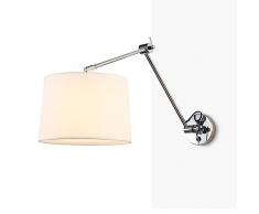 Applique da parete con braccio articolato cromato e paralume in tessuto bianco cilindrico design nordico classico elegante interruttore e attacco E27 per lettura salotto comodino hotel