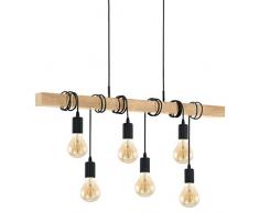 EGLO Lampada a sospensione Townshend, plafoniera dal design vintage, retrò e industrial a 6 punti luce, acciaio e legno, E27