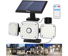 Luce Solare Led Esterno, 112 LED Lampada Solare con Sensore di Movimento, 3 Teste Regolabili Lampada Solare da Esterno 3 Modalità con Telecomando, IP65 Impermeabile 270° Illuminazione, con Cavo da 5m