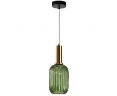 S-Cevada Lampadario a Sospensione con Paralume in Vetro Rigato, Lampada da Soffitto Moderna Retrò in Finitura Ottone, Illuminazione per Camera da letto Cucina Salon (13cm, Verde)