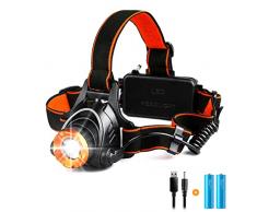 Torcia Frontale Ricaricabile,Lampada Frontale LED CREE XML-T6 Zoomabile 2000 Lumen con Batteria da 4400 mAh,Lampada da Testa Regolabile Impermeabile con 3 Modalita,Per Campeggio,Corsa, Pesca, Ciclismo