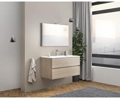 CAESAROO Mobile bagno sospeso 100 cm Lisbona in legno Rovere Fumo con Lavabo e specchio - Rovere Fumo, Con specchio e lampada LED