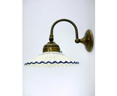Applique ottone,appliques a sospensione ottone brunito,lampada parete in metallo stile liberty con piatto ceramica bordato blu a27.Dimensioni: Altezza 18cm,diametro vetro 19cm,sporgenza max 24cm, diametro base 9cm.Le dimensioni