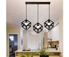 Mengjay Trade Lampada a Sospensione Vintage Industriale Moderno Cubo Creativo Battuto Lampadario in Ferro Adatto per camera da letto, soggiorno, sala da pranzo e un da cucina, E27*3, Nero