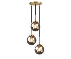 HJXDtech - Lampadario a sospensione in ottone, con sfera di vetro (grigio, cluster a 3 vie)