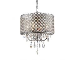 Lampadario moderno Lampadario in argento con gocce di cristallo Lampada a sospensione a LED a sospensione Sala da pranzo Finitura cromata a 4 luci (15.8 pollici)