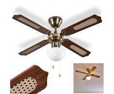 Ventilatore a soffitto Morea, in metallo/legno/vetro,ottone/marrone, lampada a soffitto con ventilatore con 2 tiranti, regolabile in 3 stadi, pale reversibili, adatto per estate e inverno