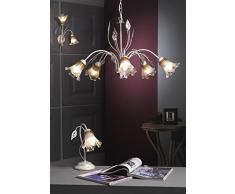 ONLI - Lampadario 5 luci Lancia in metallo bianco spennellato argento con sfumature dorate e calle in vetro. 5 x E14
