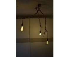 Lampadario da soffitto a sospensione con ramo di ulivo essicato marrone beige e rosone con tre portalampada vintage plafoniera in legno camera da letto design