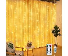 Tenda di Luci, Tenda Luminosa 3x3M 300LED con Telecomando, 8 Modalità, IP65 Impermeabile, Tenda Luce Alimentata da USB per Decorare Camera da Letto, Finestra, Natale, Interno, Esterno, Compleanno