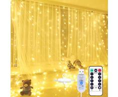Yizhet Tenda Luminosa 2mx2m Luci per Tende 200 LED Tenda di Lucine con Gancetti Telecomando 8 Modalità, Luci per Tendina Impermeabile Timer e Dimmer per Matrimonio,Capodanno, Natale (Bianco Caldo)