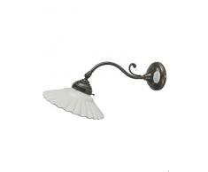 Applique ottone brunito stile liberty con piatto in ceramica bianco unito am44.Misure:Ø paralume 19,5cm,sporgenza 35cm,Ø base10cm. Le misure sono con il piatto.Portalampade attacco Edison E14
