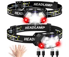 Lsnisni Torcia da Testa 9 Led 2 Pezzi, 2000 Lumens Lampada Frontale USB C Ricaricabile, 6 Modalità Luce Bianca e Rossa, Con Sensore di Movimento, IP×5 Impermeabile, per Campeggio, Corsa, Pesca
