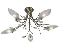5-bruciatore plafoniera Cipro con ottone anticato, per soffitti bassi, con paralumi in fogli di forma di vetro trasparente e goccia ornamento di cristallo