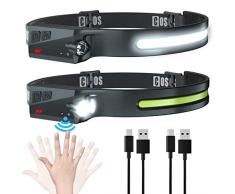 2 Lampada Frontale LED Ricaricabile, COSOOS Lampada Frontale Luminosa con Sensore di Movimento, Fascio Largo 230° e Faretto, Lampada Frontale Leggera per Campeggio, Corsa, Escursionismo, Lavoro