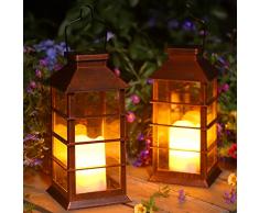2 Pack Lanterna Solare Esterno Lampada da Giardino IP44 impermeabile Vintage Lanterne Decorativo Plastica Senza Fiamma LED Luci per Patio Cortile Feste (Bronzo)