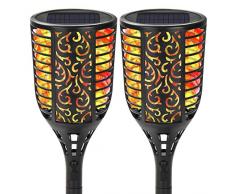 Reawow - Lampada solare per esterni con luce tremolante, luce solare da giardino, fiaccola, 96 LED, lanterna da strada, prato, da giardino