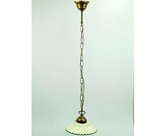 Lampadario ottone brunito stelo a catenella sospensione una luce stile liberty con vetro ceramica bordato verde l1046 Misure:H 70cm,Ø vetro 19cm.Le misure sono con vetro.Attacco Edison E 27