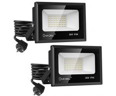 Onforu 2 Pezzi 35W Faretto LED da Esterno con Spina, 3300LM Super Luminoso Faro LED, IP66 Impermeabile Fari da Esterno, 5000K Bianco Freddo Fari di Sicurezza per Cortile Cantiere Garage Officina
