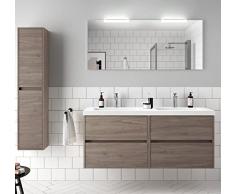 CAESAROO Mobile bagno sospeso 140 cm in legno Rovere Eternity con lavabo in mineralmarmo - 140 cm, Con Specchio, Doppia colonna e Doppia lampada LED