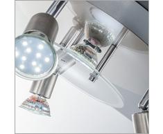 Plafoniera LED da soffitto, include 4 lampadine GU10 3W luce calda, Ø25cm, 1 faretto fisso 3 inclinabili, lampada moderna per l'illuminazione da interno, metallo e vetro, color nickel opaco 230V IP20