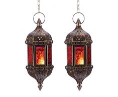 Nuptio Lanterna Candela Marocchina Appesa Portacandele Lume Lampada Ramadan 2 Pezzi Metallo Vetro Lanterne Decorative Marroni per Candele per Soggiorno Balcone Patio Halloween Decorazioni Natalizie