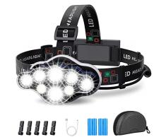 MLIAIMCE Lampada Frontale,Luce LED Super Luminosa Da 18000 Lumen 8 LED,USB Ricaricabile Regolabile Impermeabile Per Campeggio,Pesca,Grotta,Jogging Ed Escursionismo