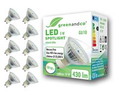 10x Spot a LED greenandco® IRC 90+ 4000K 110° GU10 5W (equivalente spot alogeni 41W) 350lm (bianco neutro) SMD LED 230V AC vetro, nessun sfarfallio, non dimmerabile