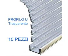 Eurekaled - 10 pezzi di Profilo in Alluminio da 2mt U Barra Dissipatore per Strisce LED con Copertura Trasparente in Plexiglass, Tappi e Ganci inclusi per il Montaggio cod. 12107