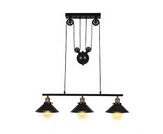Lampada a sospensione vintage industriale, 3 teste E27 puleggia da interno lampadario da biliardo, sospensione stile ruota con Wave Retro regolabile (colore: nero)