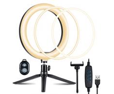 ANSTA Lampada ad anello LED da 10, luce ad anello regolabile desktop self-time, con treppiede regolabile a 360° e supporto per telefono cellulare, 3 modalità e 10 luminosità per fotografia, trucco