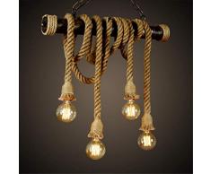 A.1.Coo Rustico Vintage Lampada a sospensione Corda di canapa Luce pendente , in ferro battuto nostalgia retrò plafoniera LED , lampadario creativo del sottotetto - Regolabile in altezza