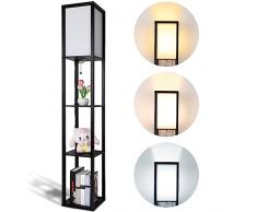 LED Lampada da Terra in legno con 3 Ripiani, 1.6 m Retrò Lampada a Stelo con Paralumi ( con 3000K-5000K Lampadina) 3 Temperature di Colore Lampada da Comodino per Soggiorno Ufficio Camera da Letto E27