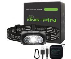 King-Pin Torcia Frontale Lampada Frontale LED Ricaricabile Torcia da Testa IPX5 Impermeabile Leggero 4 modalità Luce Frontale con Sensore per Corsa Camminare Pesca Notturna Campeggio Lettura