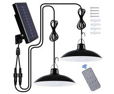 Luce Solare LED Esterno, IP65 Lampada Solare da Esterno Impermeabile Doppia Testa Lampade Solari a Sospensione con Telecomando per Giardino Garage Agriturismi