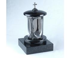 designgrab Alu Grab lampada con base in granito, 20 x 20 x 5 cm, in alluminio in finitura anticata con croce e granito svedese Black SS1 NERO IN effetto anticato Grab lampadina luce tomba tomba luce tomba gioielli Cimitero