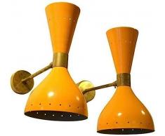 HISTORIC HANDICRAFT Set di 2 applique da parete per diabolo, stile italiano anni 50, metà secolo, moderno, arancione, italiano, 2 lampadine, lampada da parete, decorazione natalizia