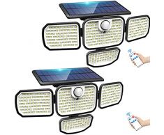 Woolmug Luce Solare LED Esterno 4 Testa【2 pezzi 286 LED 】 Faretti Solari a Led da Esterno con Sensore di Movimento, IP65 Impermeabile Lampada Solare da Esterno per giardino 3 Modalità con Telecomando