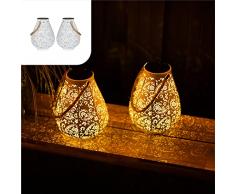 Gadgy Lanterna Solare Bianco Opaco | Set Di 2 | Lampade Da Giardino A Led Per Esterno | Lanterne Per Tavolo, Balcone E Terrazzo | Metallo E Corda | Ip65 Impermeabile