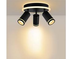URing faretti led soffitto Orientabili, Rotonda Plafoniera faretti da soffitto 3 Luci con luce di fondo 8W+ 3x 5W GU10 2200LM, 3000K bianco caldo Faretti da Parete Interno per Soggiorno, opaco Nero
