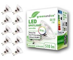10x Spot a LED greenandco® IRC 90+ 3000K 36° GU10 7W (equivalente spot alogeni 62W) 450lm (bianco caldo) SMD LED 230V AC vetro, nessun sfarfallio, non dimmerabile