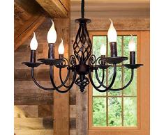JIINOO Lampadario in Stile Country Tradizionale, Vintage Altezza Regolabile Candela Ferro Battuto Lampadario, 6 luci Agriturismo Classica del Pendente le Lampade per la Cucina, Sala da pranzo, Foyer