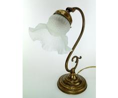 Lampada ottone brunito stile liberty per tavoli,scrivanie con vetro satinato bianco s30 Misure:H 32cm,Ø vetro 13,5cm,Ø base 13cm.Le misure sono con vetro.Portalampade attacco Edison E14